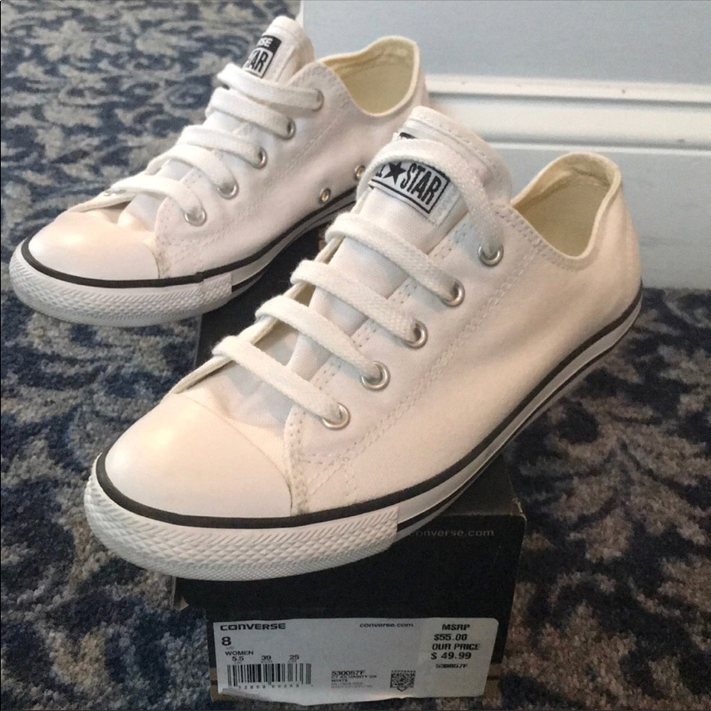White converse with black stripe, only worn once!